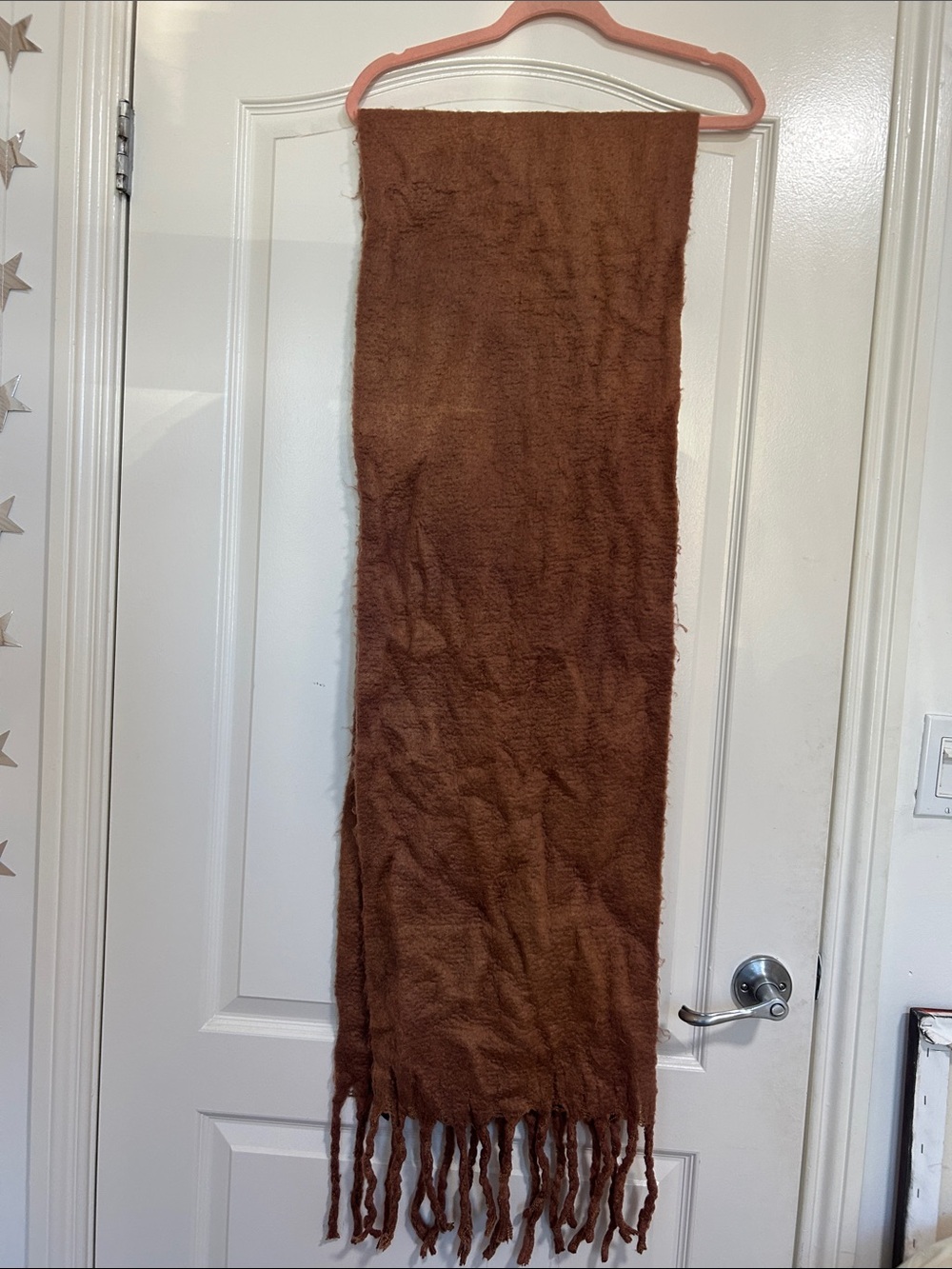 Cozy Long Fringe Scarf in Warm Brown